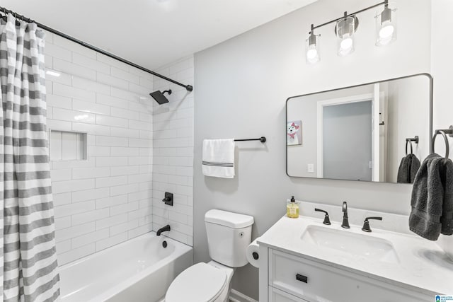 full bathroom with vanity, shower / bathtub combination with curtain, and toilet