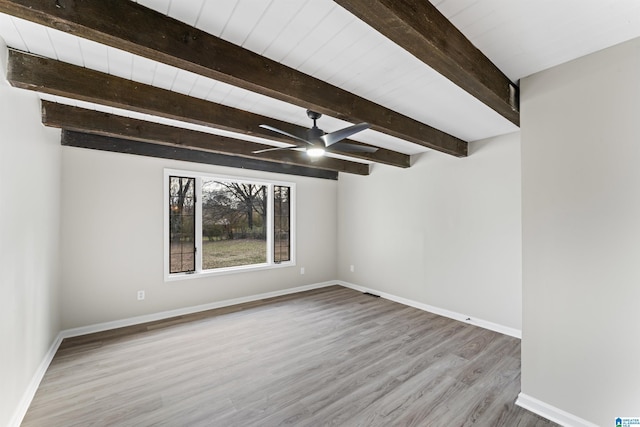 unfurnished room featuring ceiling fan, light hardwood / wood-style flooring, and beamed ceiling