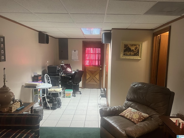 tiled living room with a drop ceiling