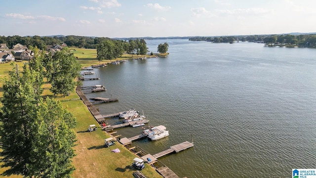 drone / aerial view with a water view