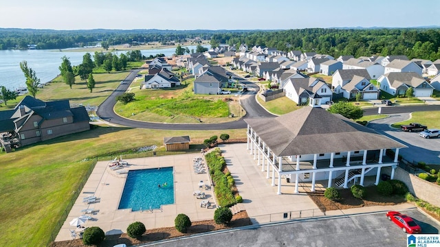 bird's eye view with a water view