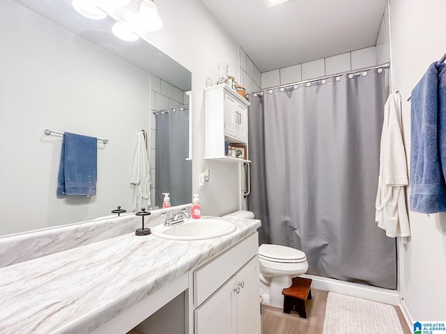 bathroom with hardwood / wood-style flooring, vanity, toilet, and curtained shower