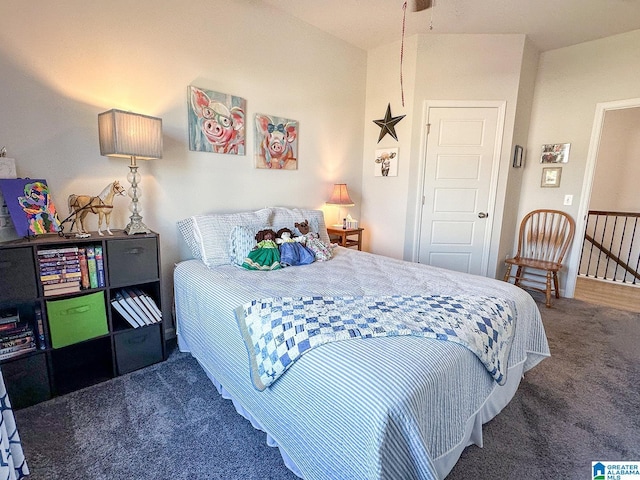 bedroom featuring dark colored carpet