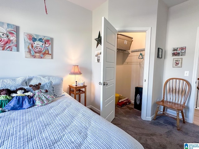 bedroom featuring a spacious closet, a closet, and dark colored carpet