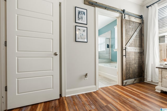 bathroom with hardwood / wood-style flooring