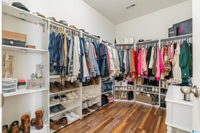 walk in closet featuring dark wood-type flooring