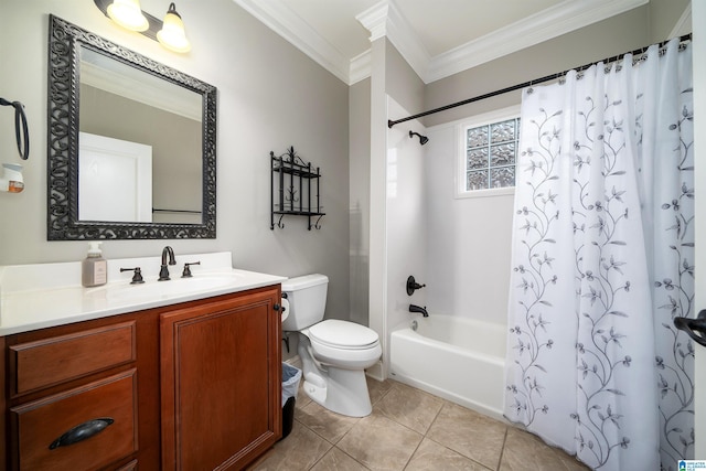 full bathroom with crown molding, shower / bath combo, vanity, tile patterned floors, and toilet