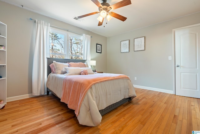 bedroom with ceiling fan and light wood-type flooring