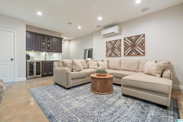 living room with indoor wet bar, wine cooler, and a wall unit AC