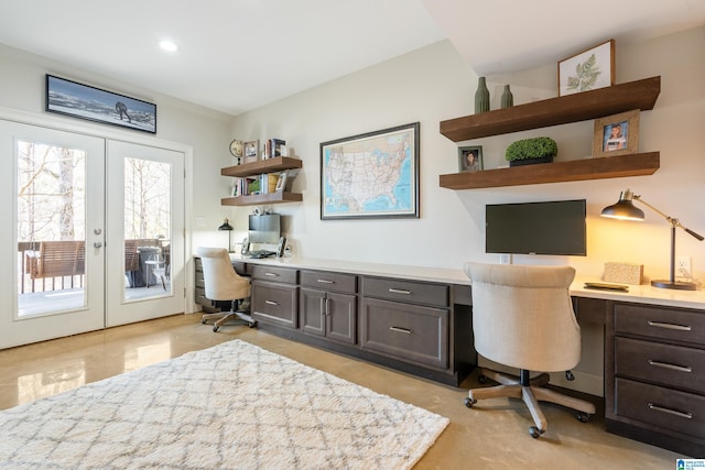 home office with french doors and built in desk