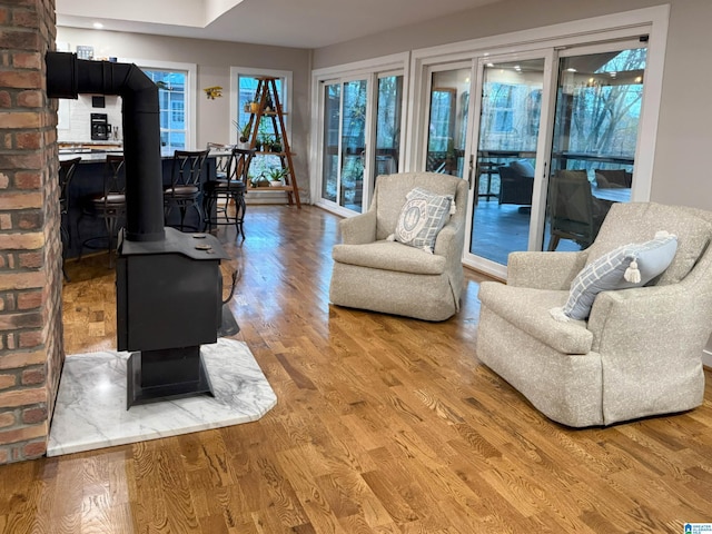 living room featuring hardwood / wood-style floors and a wood stove