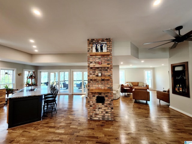 living room featuring ceiling fan and dark hardwood / wood-style flooring