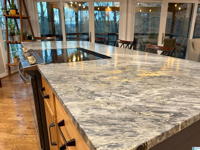 kitchen featuring hardwood / wood-style flooring and light stone countertops