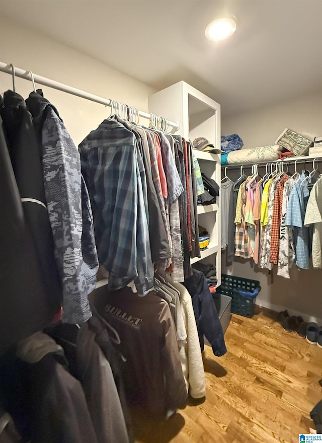 walk in closet with wood-type flooring