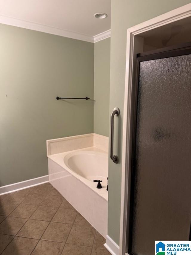 bathroom featuring crown molding, shower with separate bathtub, and tile patterned flooring