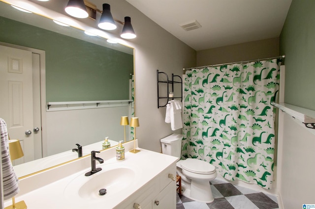 bathroom with vanity, a shower with curtain, and toilet