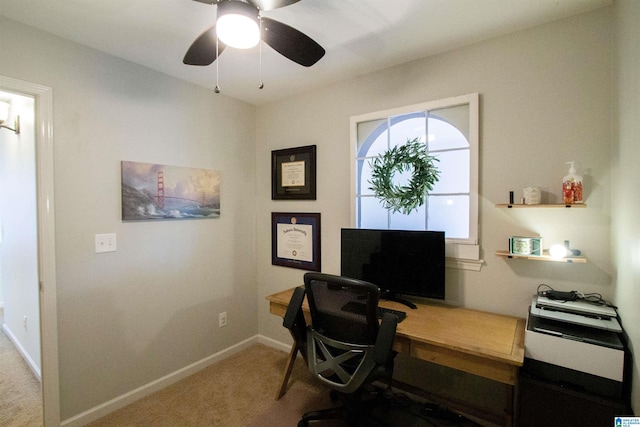 office area with ceiling fan and carpet flooring