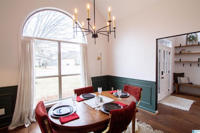 dining space featuring lofted ceiling, a healthy amount of sunlight, and dark hardwood / wood-style floors