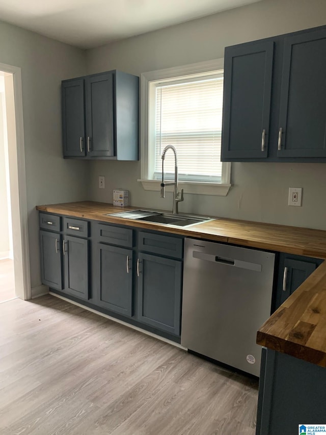 kitchen with gray cabinets, dishwasher, butcher block counters, and sink