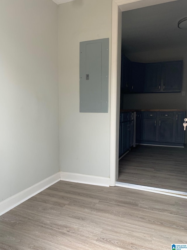 spare room with electric panel and light hardwood / wood-style flooring