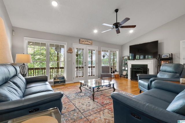 373 Pineywoods Dr, Wedowee, AL 36278 - living room with vaulted ceiling, hardwood / wood-style floors, ceiling fan, and french doors