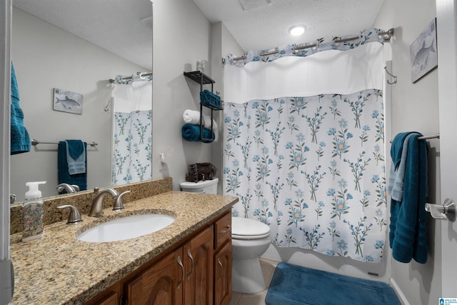373 Pineywoods Dr, Wedowee, AL 36278 - bathroom with vanity, a textured ceiling, curtained shower, tile patterned floors, and toilet