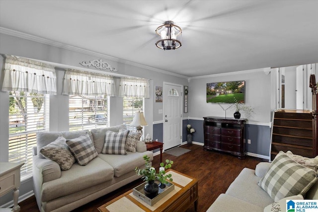 living room with crown molding, plenty of natural light, and dark hardwood / wood-style flooring