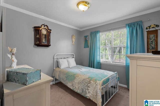 bedroom featuring crown molding and light colored carpet