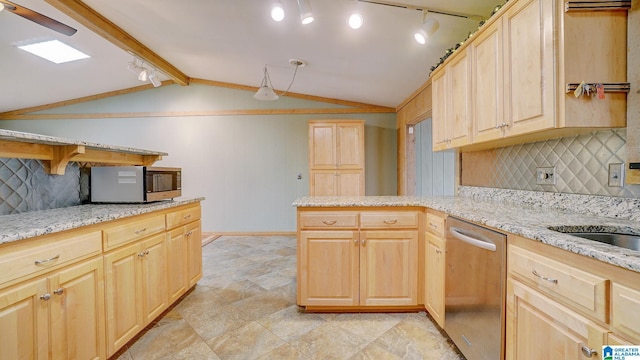 kitchen featuring light brown cabinetry, backsplash, lofted ceiling with beams, and stainless steel appliances