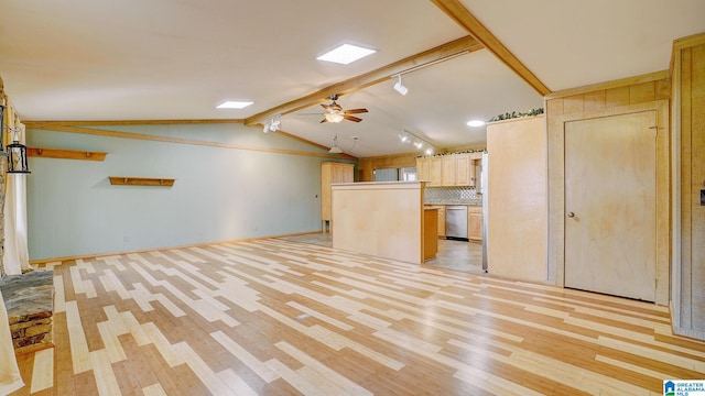 unfurnished living room featuring lofted ceiling with beams, light hardwood / wood-style floors, and ceiling fan