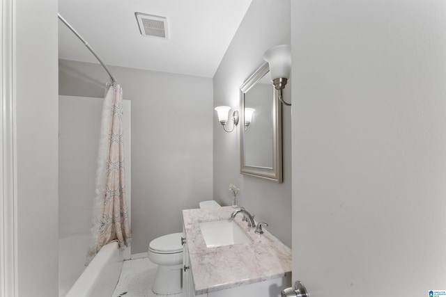 full bathroom featuring vanity, shower / bathtub combination with curtain, and toilet