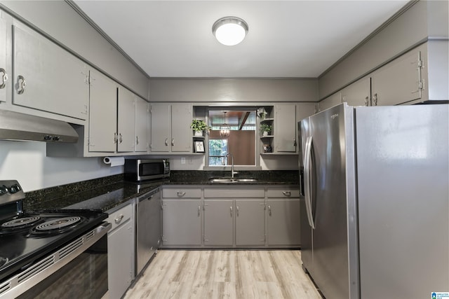 kitchen featuring stainless steel appliances, sink, light hardwood / wood-style floors, and gray cabinets