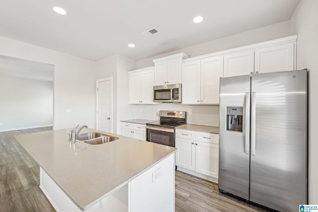 kitchen with white cabinetry, an island with sink, appliances with stainless steel finishes, and sink