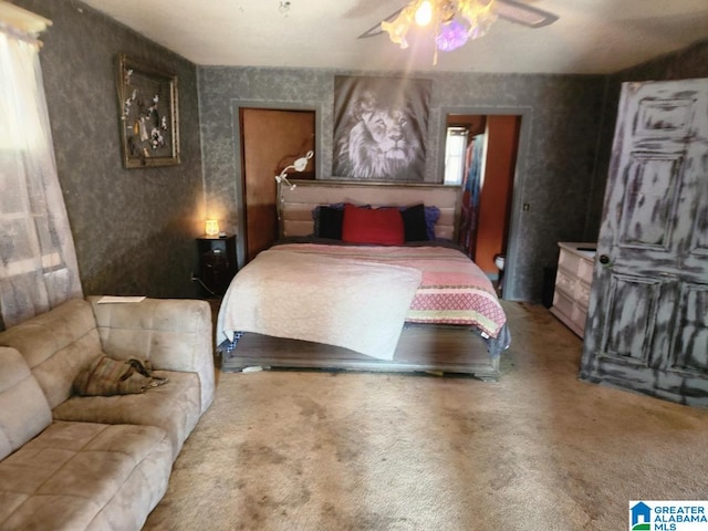 bedroom featuring carpet flooring and ceiling fan