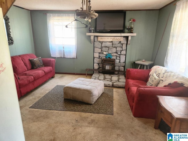 living room with light carpet, wooden walls, and a textured ceiling