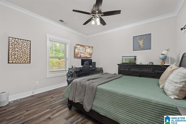 bedroom with crown molding, ceiling fan, and dark hardwood / wood-style flooring