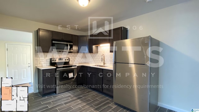 kitchen with dark brown cabinets, appliances with stainless steel finishes, sink, and decorative backsplash