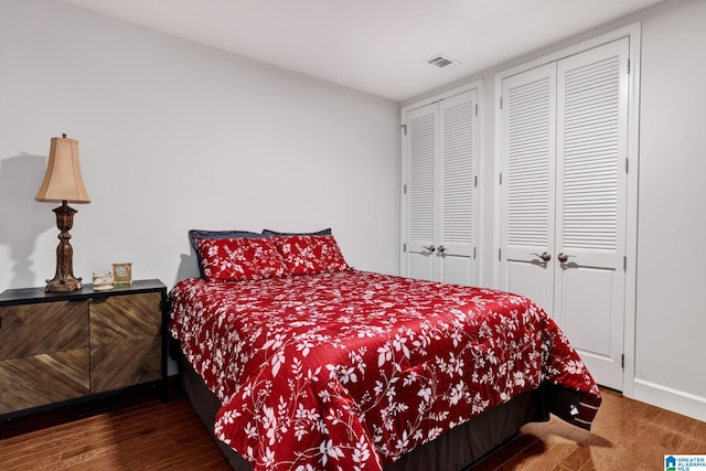 bedroom featuring dark wood-type flooring and multiple closets