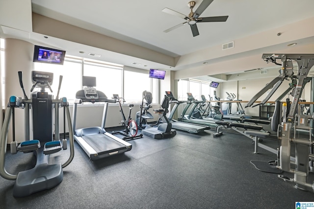 workout area featuring ceiling fan