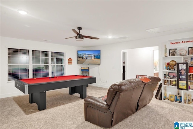 playroom with light carpet, ceiling fan, and billiards