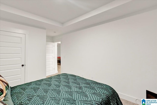 bedroom featuring carpet floors and a tray ceiling