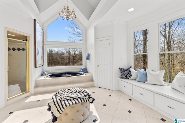 interior space featuring tile patterned floors, a chandelier, high vaulted ceiling, ornamental molding, and plus walk in shower