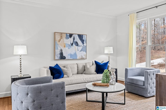 living room with crown molding and light wood-type flooring