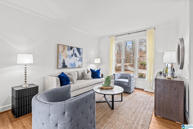 living room with crown molding and light wood-type flooring