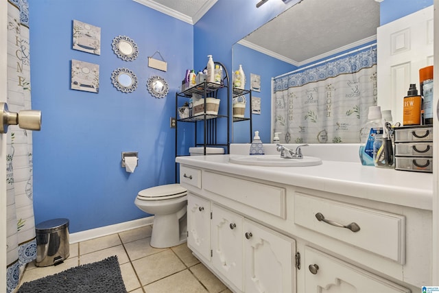 bathroom featuring tile patterned floors, toilet, crown molding, a textured ceiling, and vanity