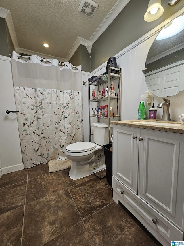 bathroom featuring vanity, ornamental molding, a textured ceiling, a shower with curtain, and toilet