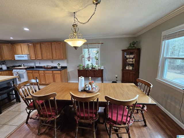 dining room with plenty of natural light, ornamental molding, and a textured ceiling