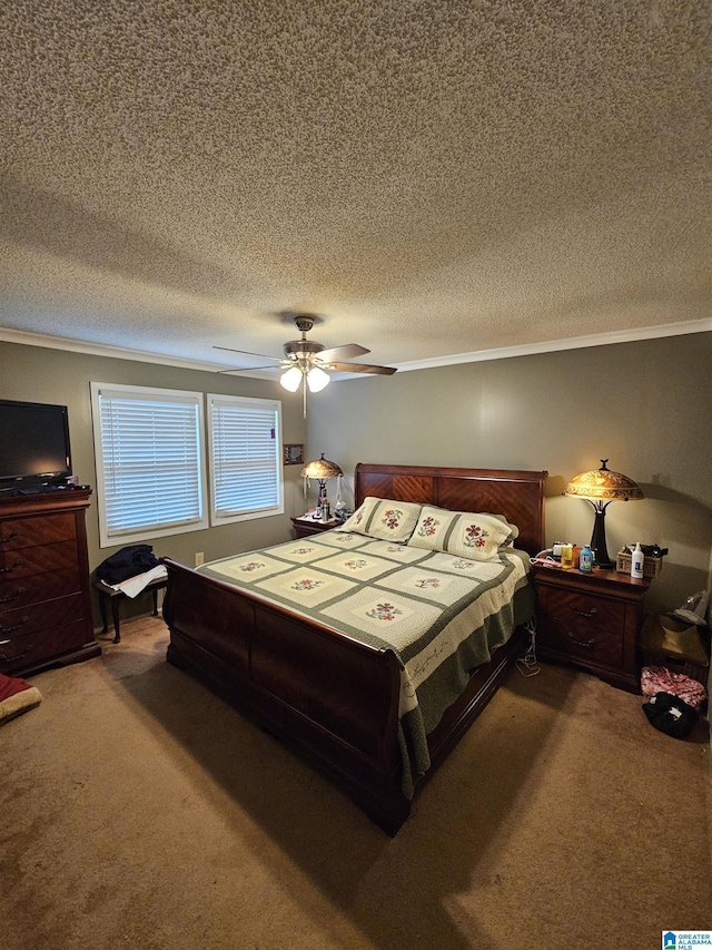 bedroom featuring crown molding, carpet flooring, a textured ceiling, and ceiling fan