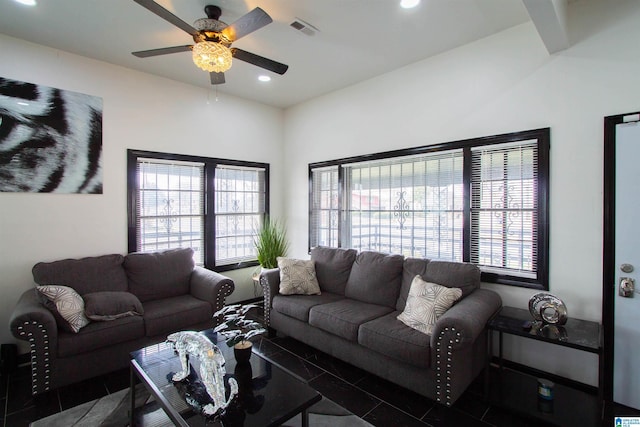 living room featuring ceiling fan