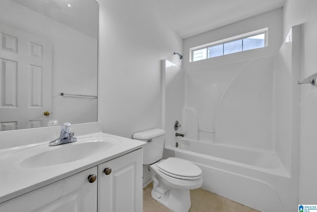 full bathroom featuring shower / washtub combination, vanity, and toilet